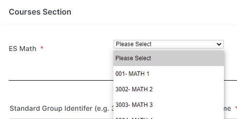 drop-down list showing courses for elementary math