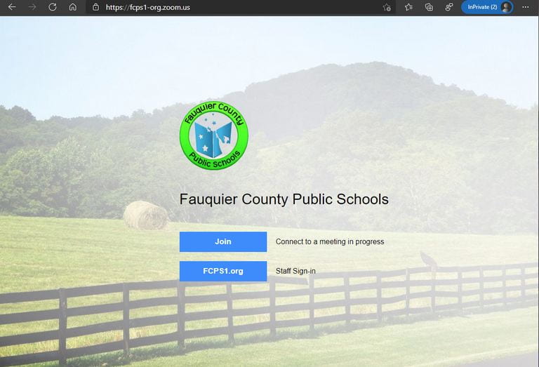 fcps zoom landing page with join meeting button and fcps1.org button