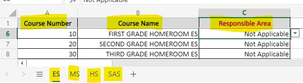three columns showing the course name, course number, reponsible area, and the 4 worksheet tabs at the bottom