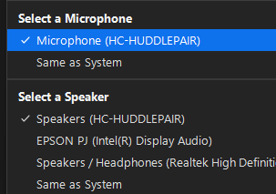dropdown menu showing HC-HUDDLEPAIR for speaker and microphone choices.